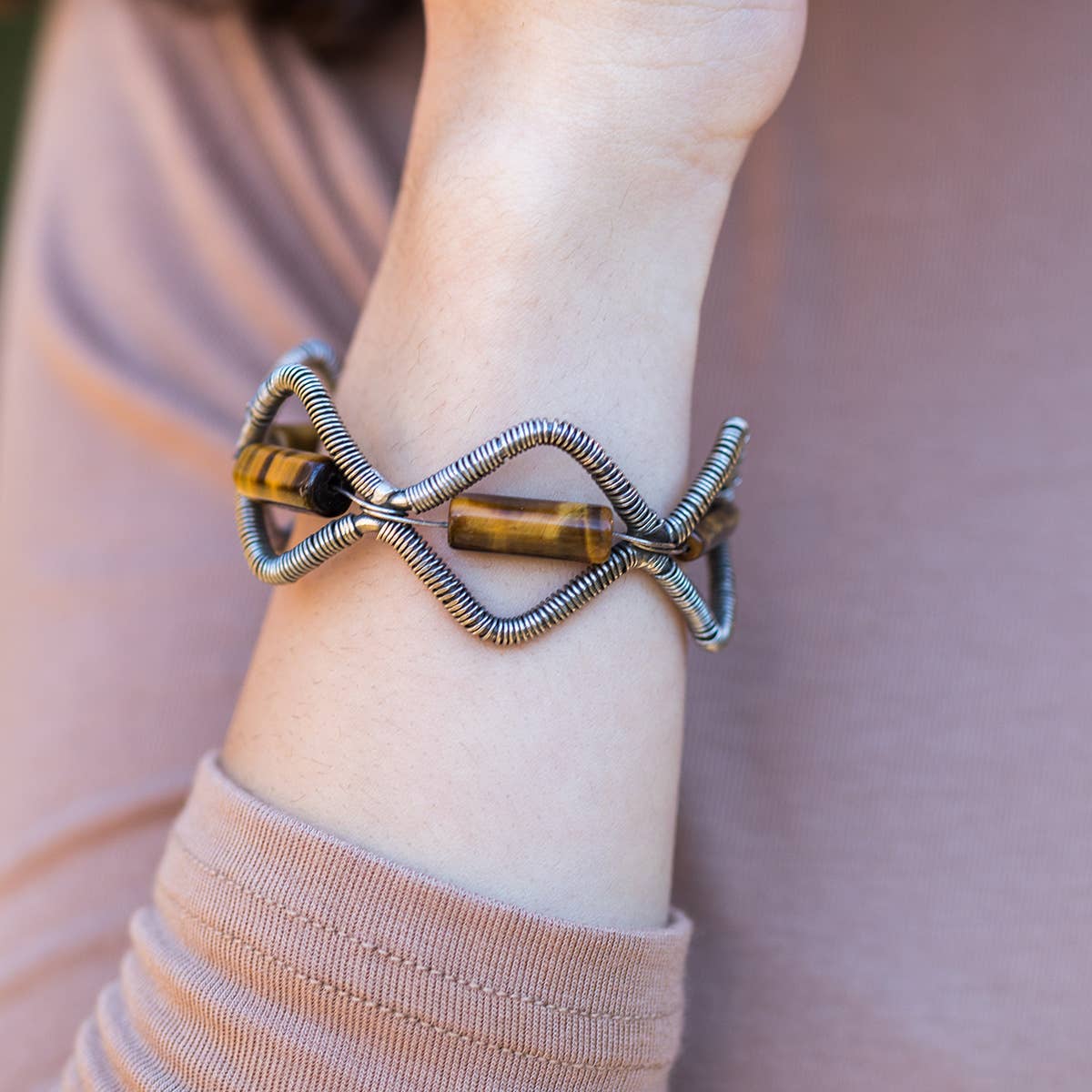 Wire-Wrapped Stone Cuff - Antique Silver with Tiger Eye
