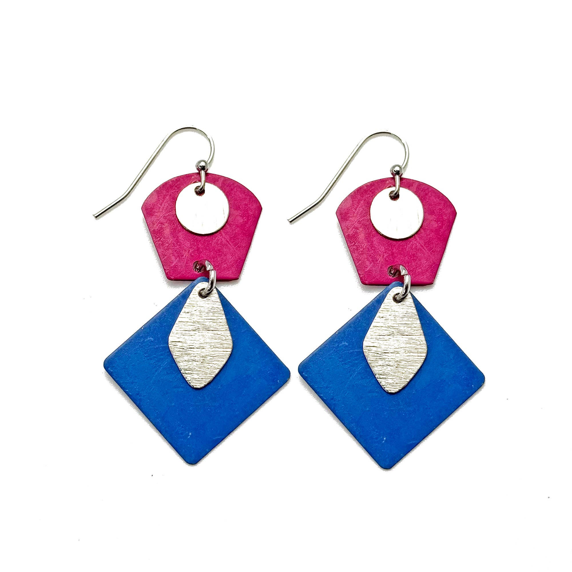Handcrafted Fuchsia & Blue Patina Geometric Drop Earrings