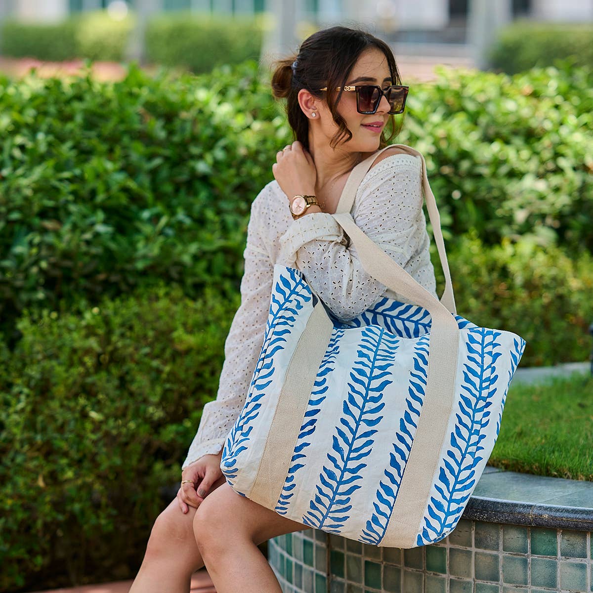 Handcrafted Canvas Bag with Block-Printed Seaside Serenity