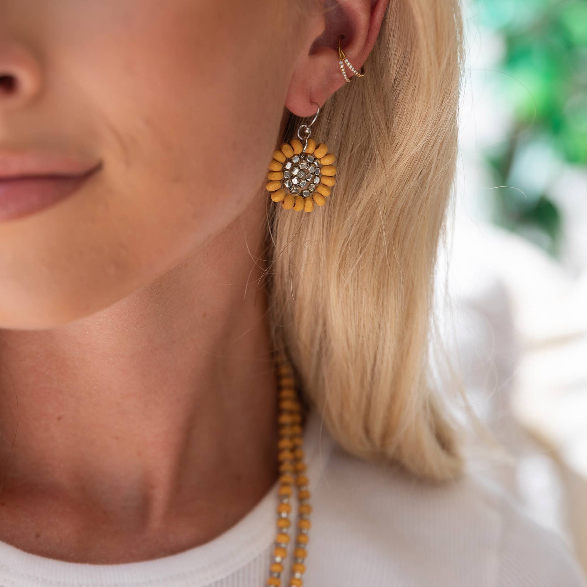 Sachi Wood Bead Flower Earrings - Yellow