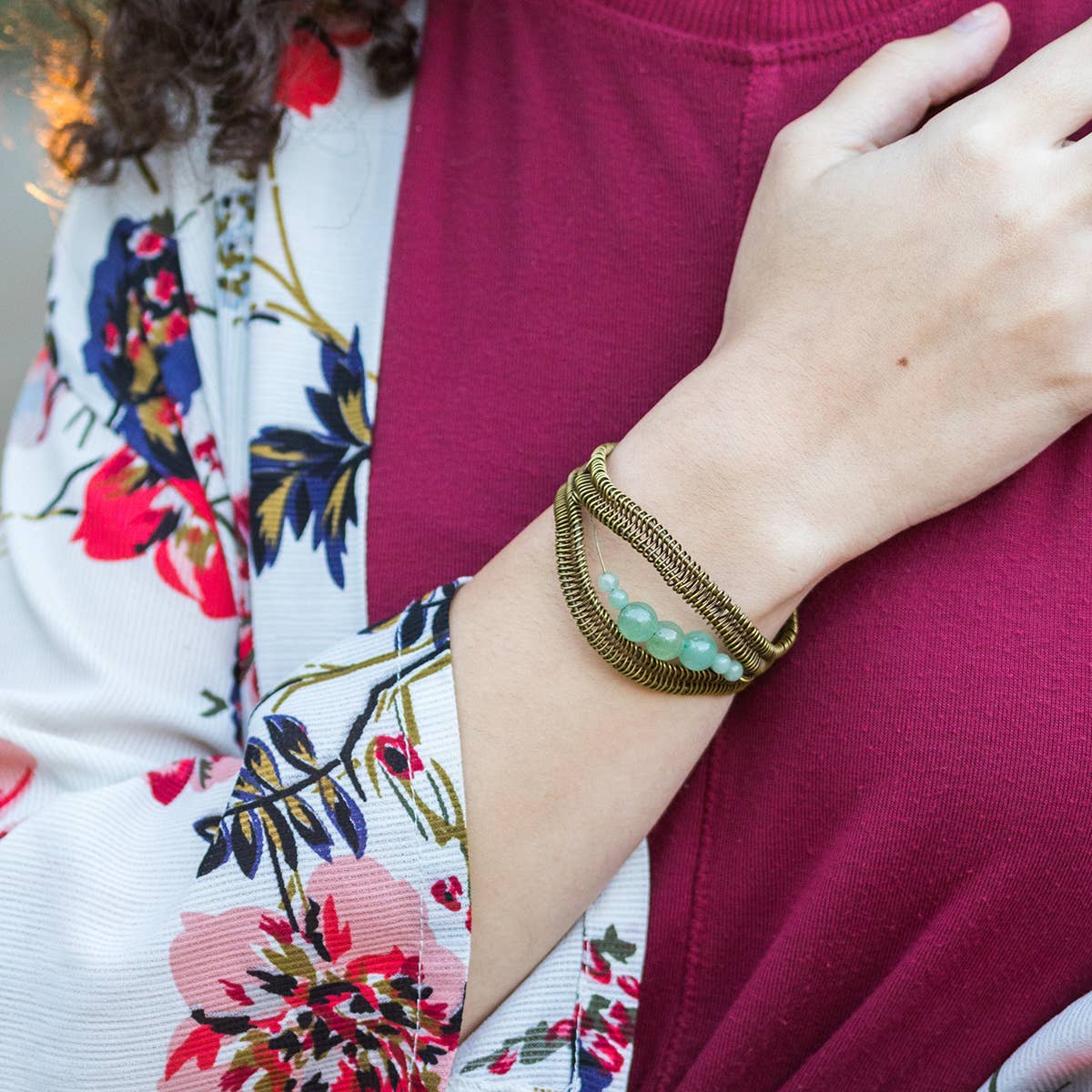 Wire-Wrapped Stone Cuff - Antique Brass with Aventurine