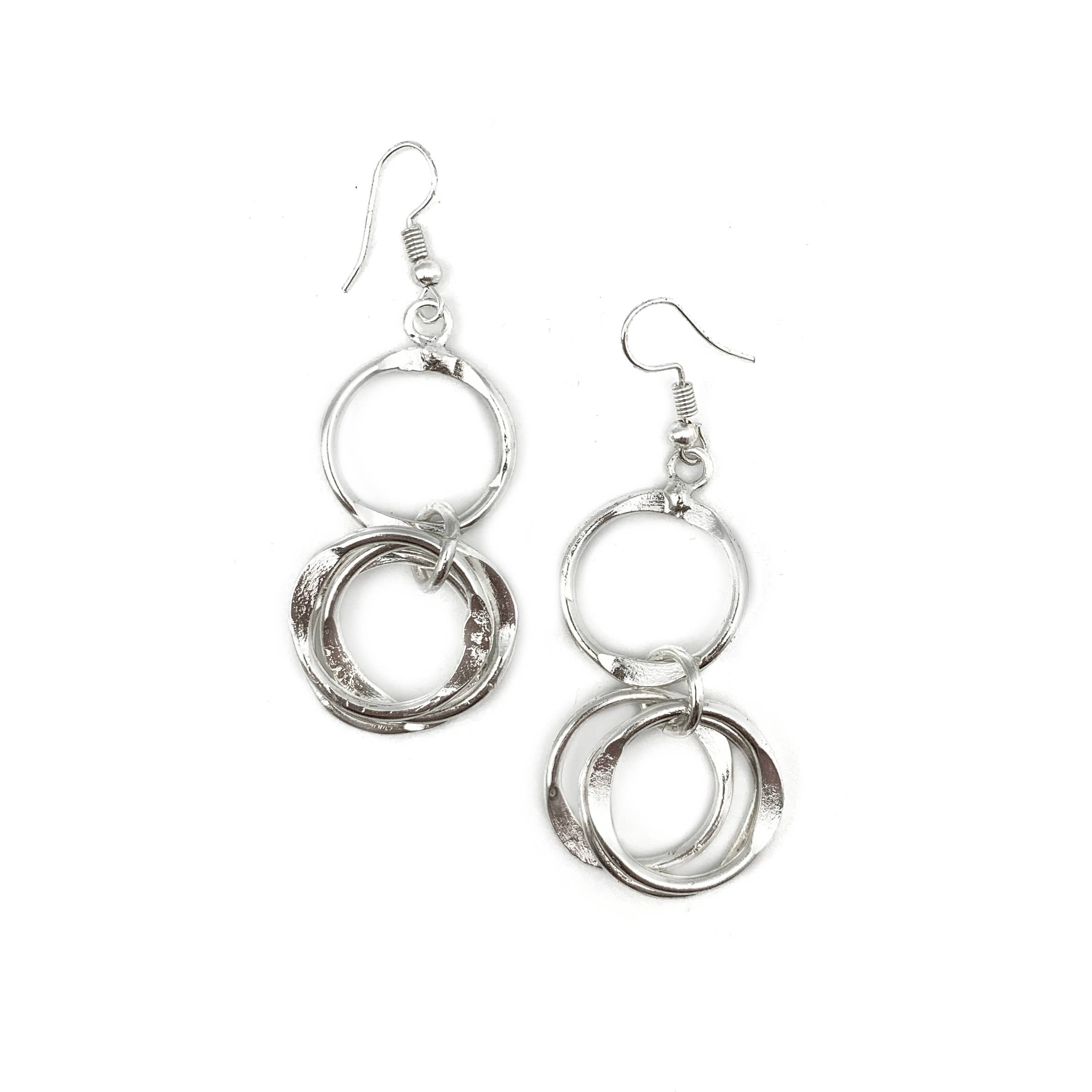 Silver Plated Earrings - Dangling Hammered Rings