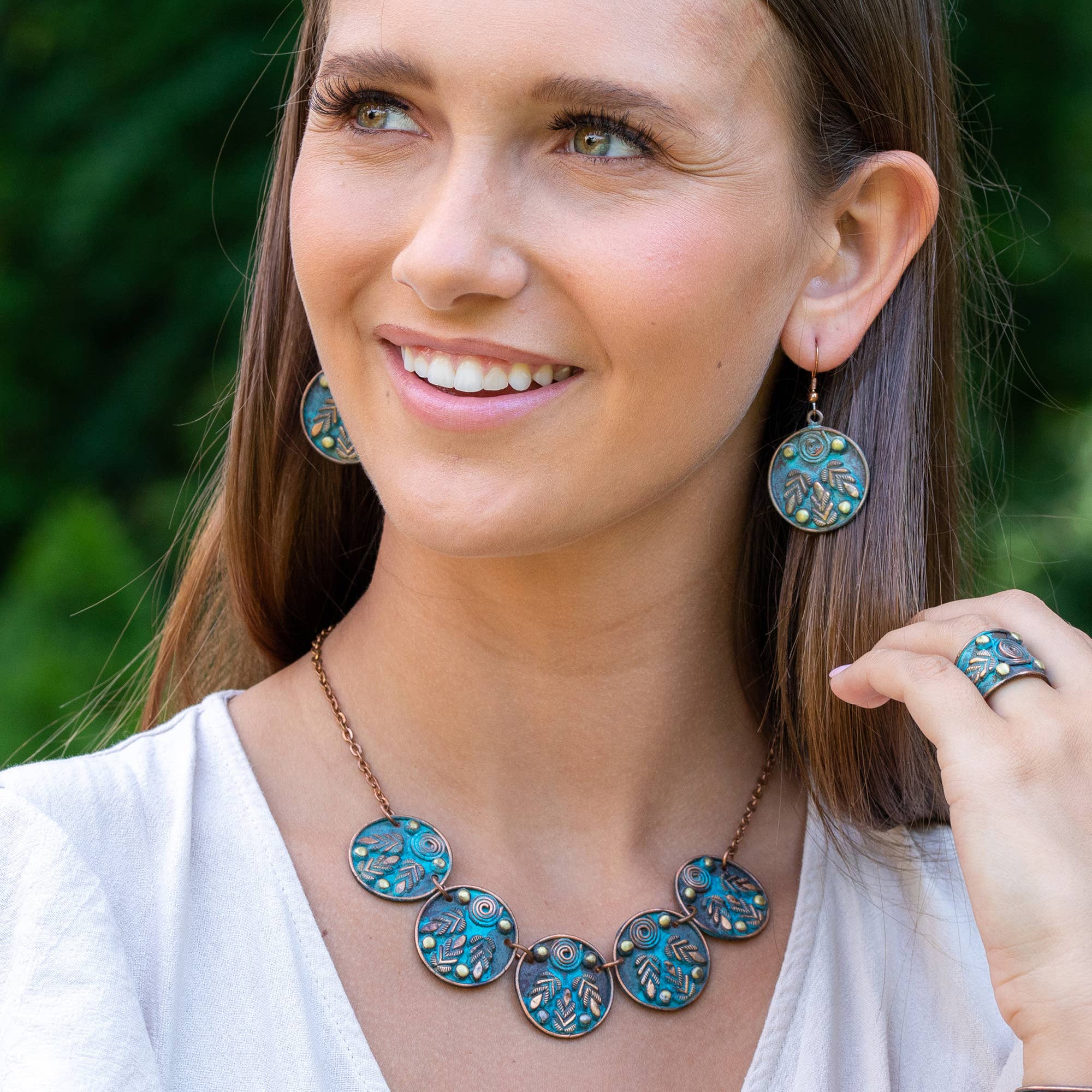 Copper Patina Necklace -  Five Teal Leaf and Spiral Circles