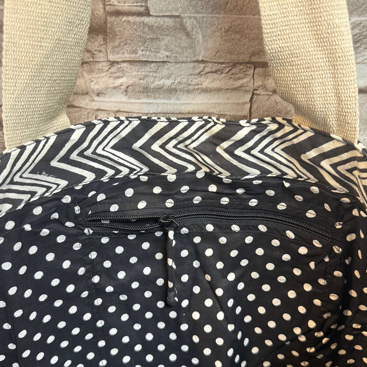Canvas Bag with Block-Printed Black and White Zigzag Pattern