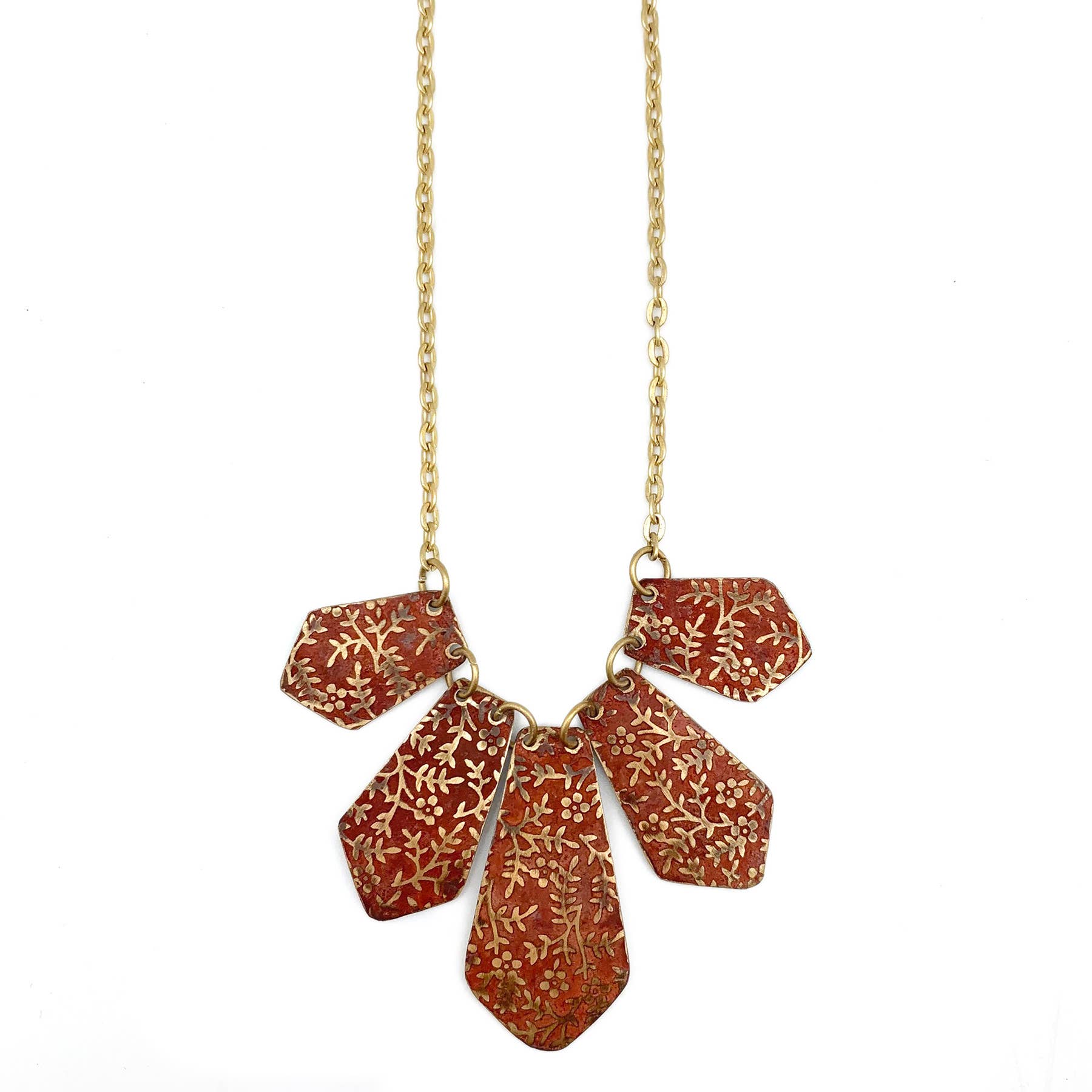 Brass Patina Necklace - Red Orange Floral Vines Brass Bib
