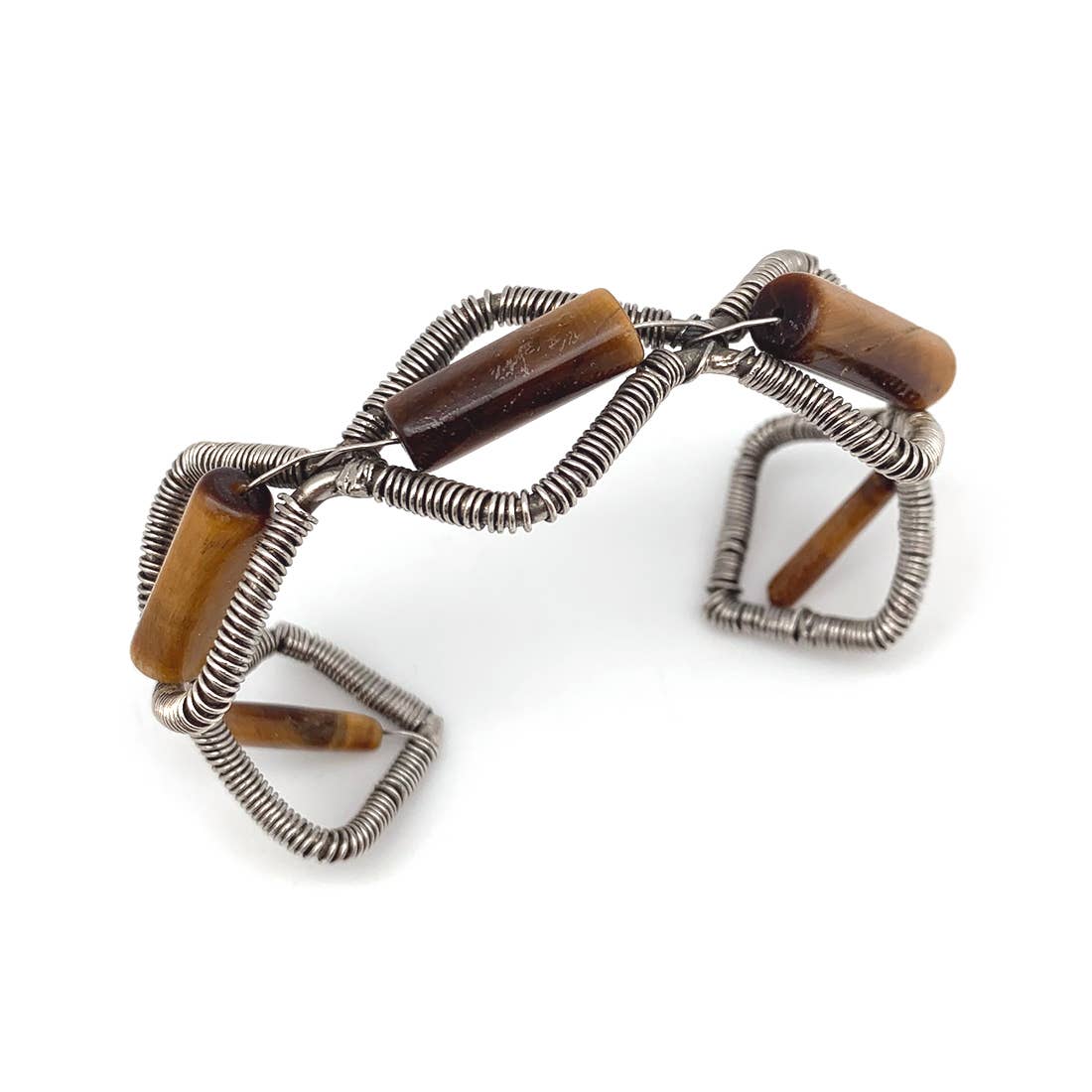 Wire-Wrapped Stone Cuff - Antique Silver with Tiger Eye