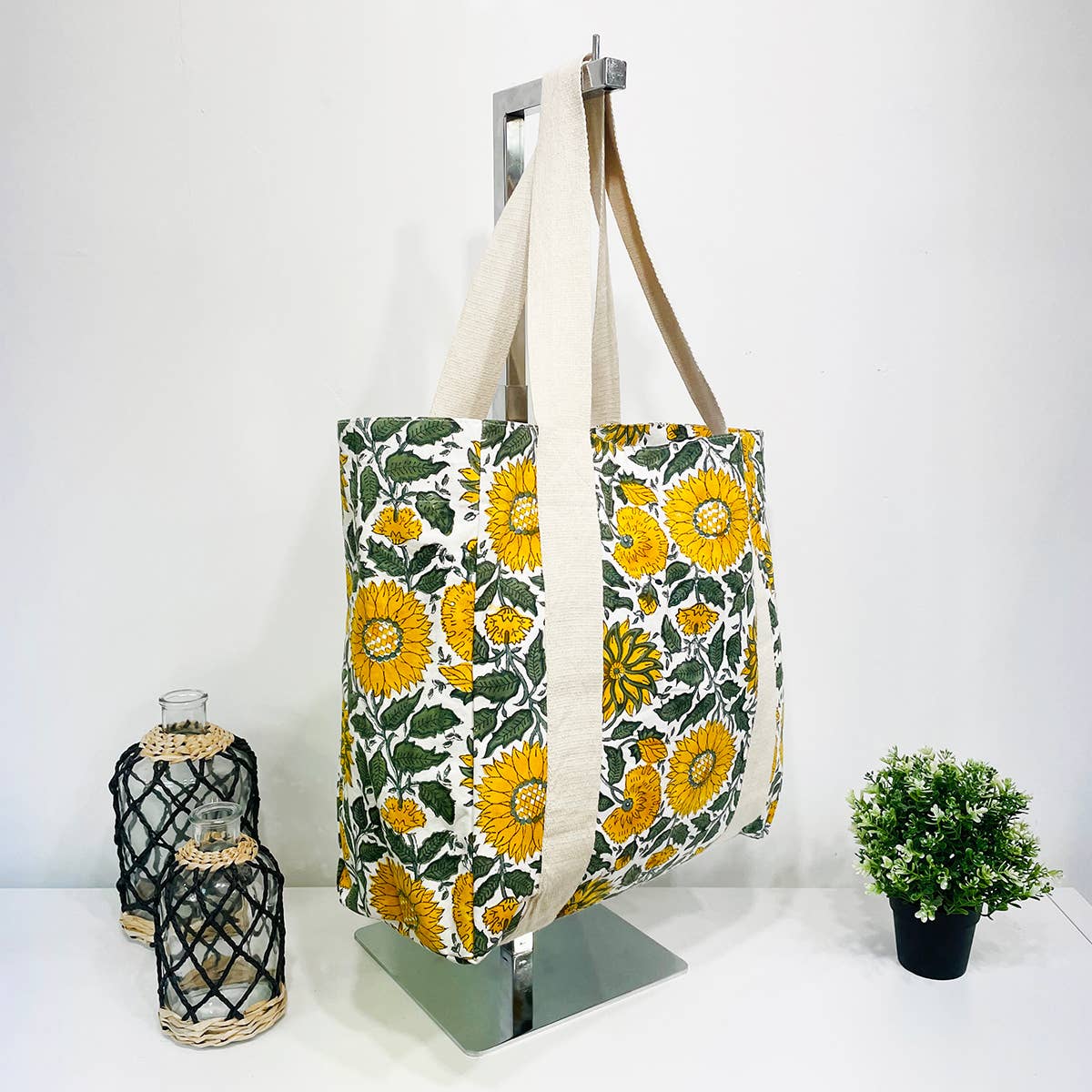 Handcrafted Canvas Bag with Block-Printed  Radiant Sunflower