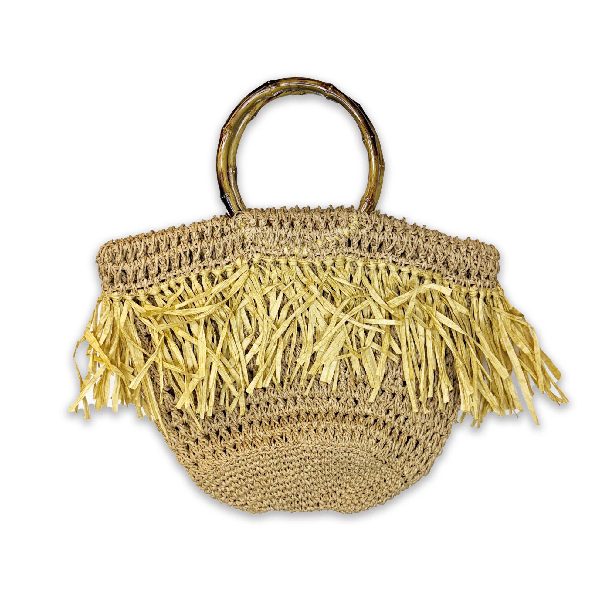 Santorini Bag - Natural Raffia Fringe Bag with Wood Handle