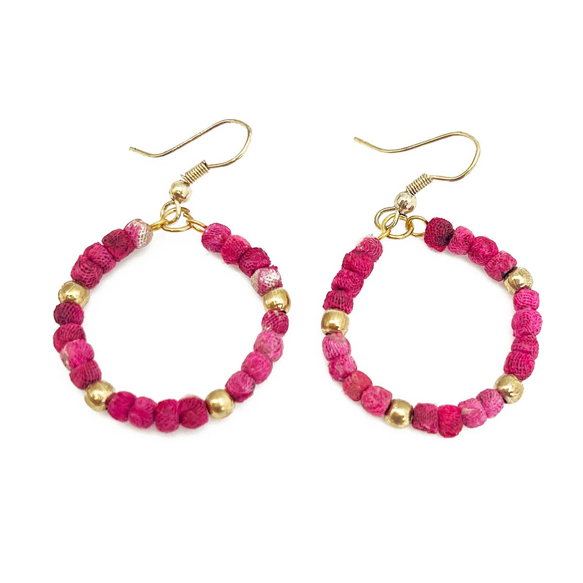Aasha Blush Small Bead Hoop Kantha Handcrafted Earrings