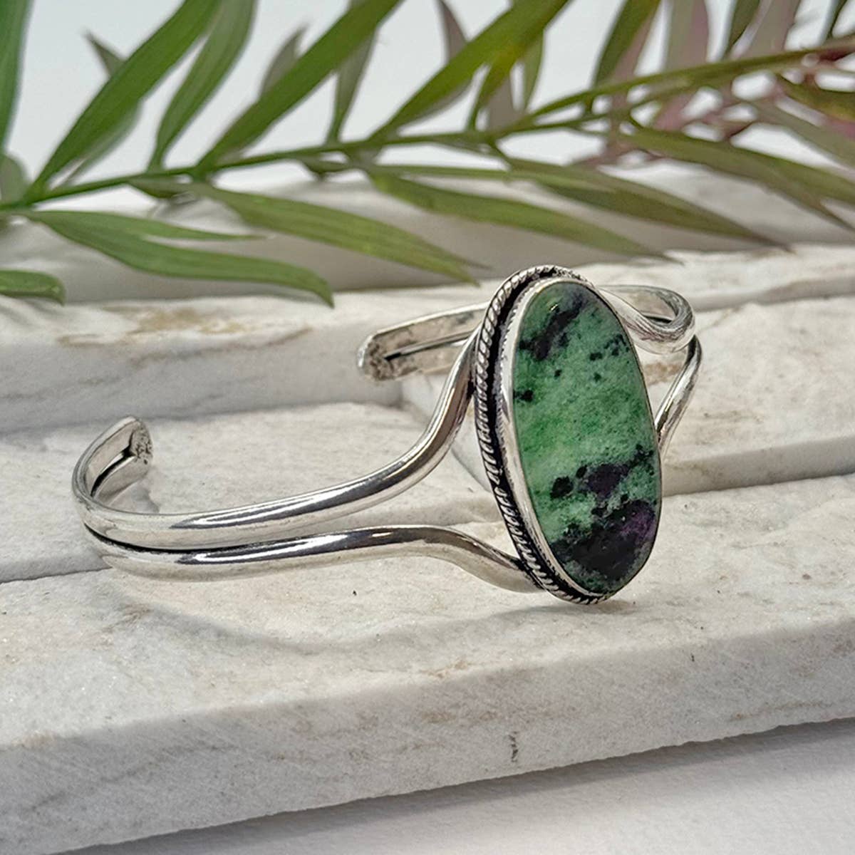 Handcrafted Kashi Semiprecious Stone Cuff - Ruby Zoisite