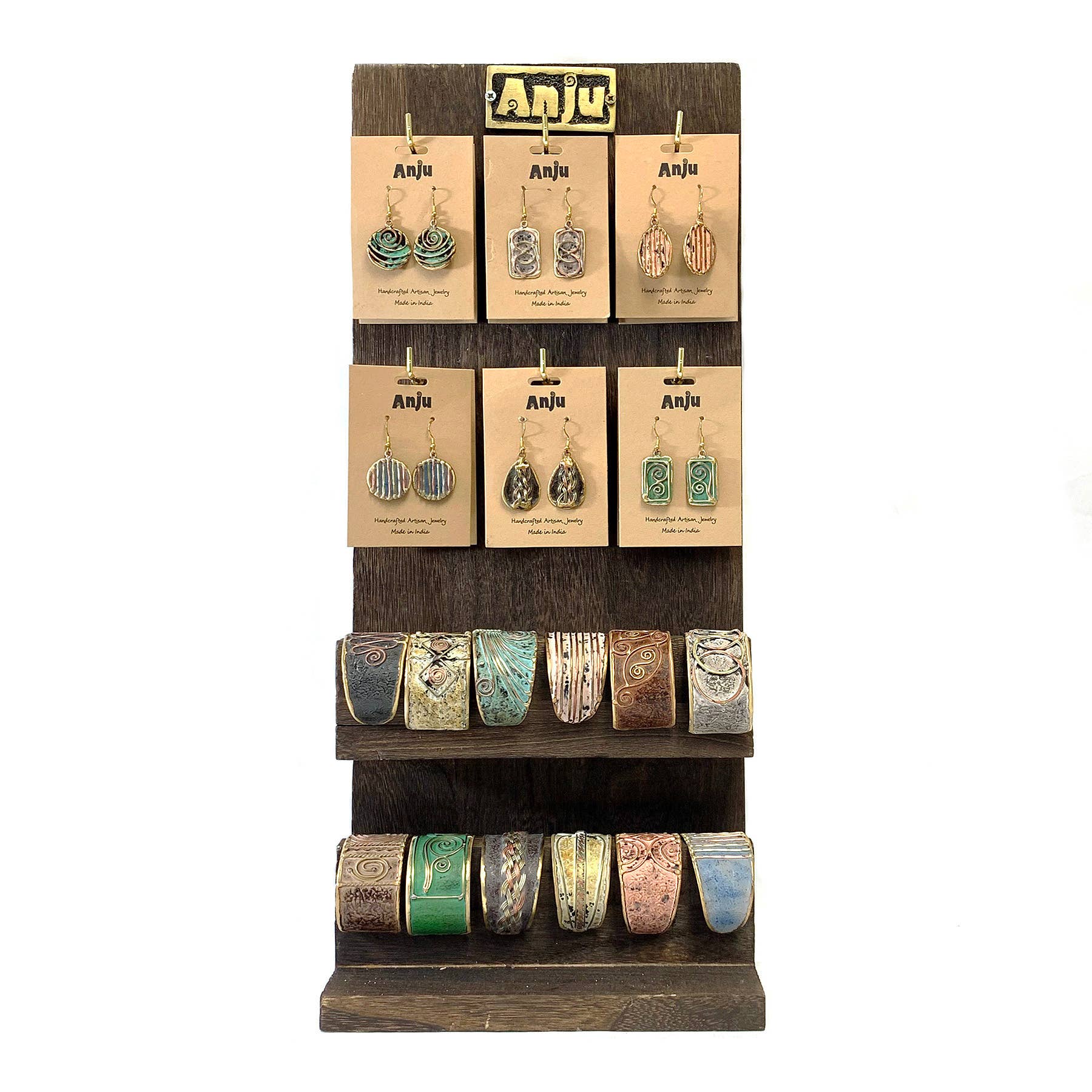 Wooden Cuff and Earring Display - 6 Hooks 2 Bracelet Shelves