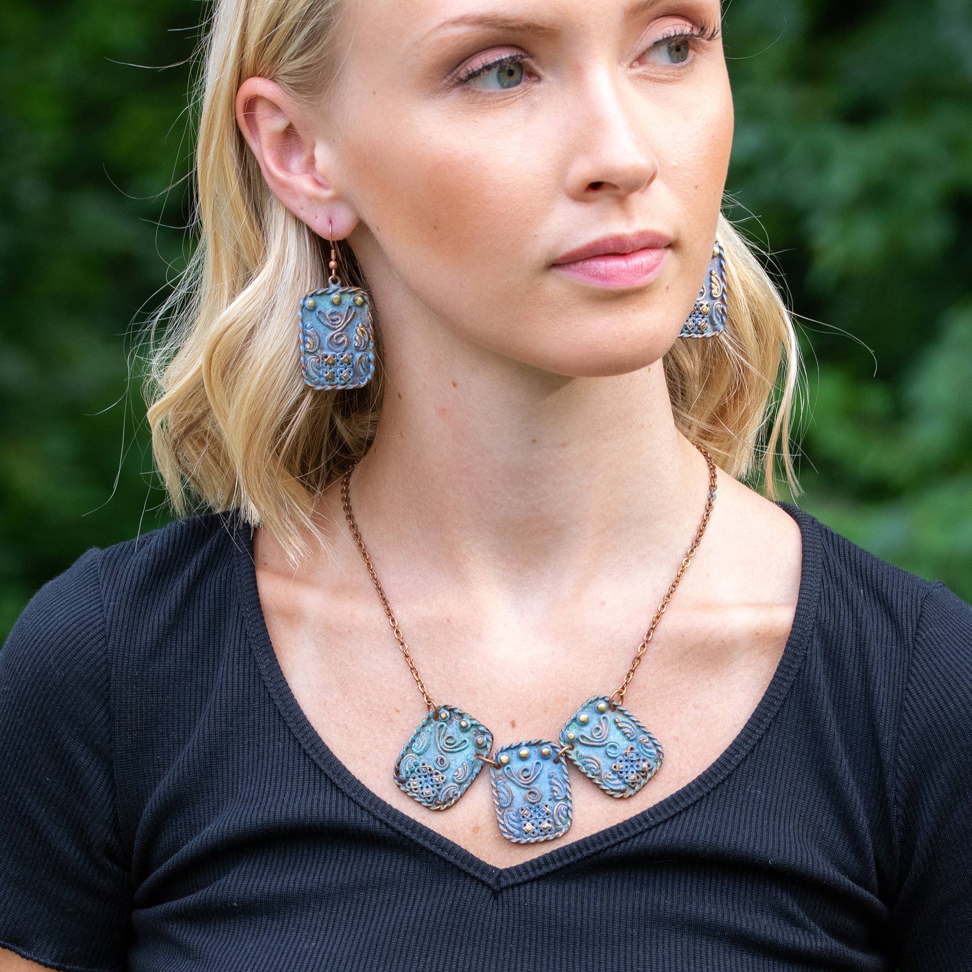 Copper Patina Necklace - Curly Lines Three Blue Rectangles
