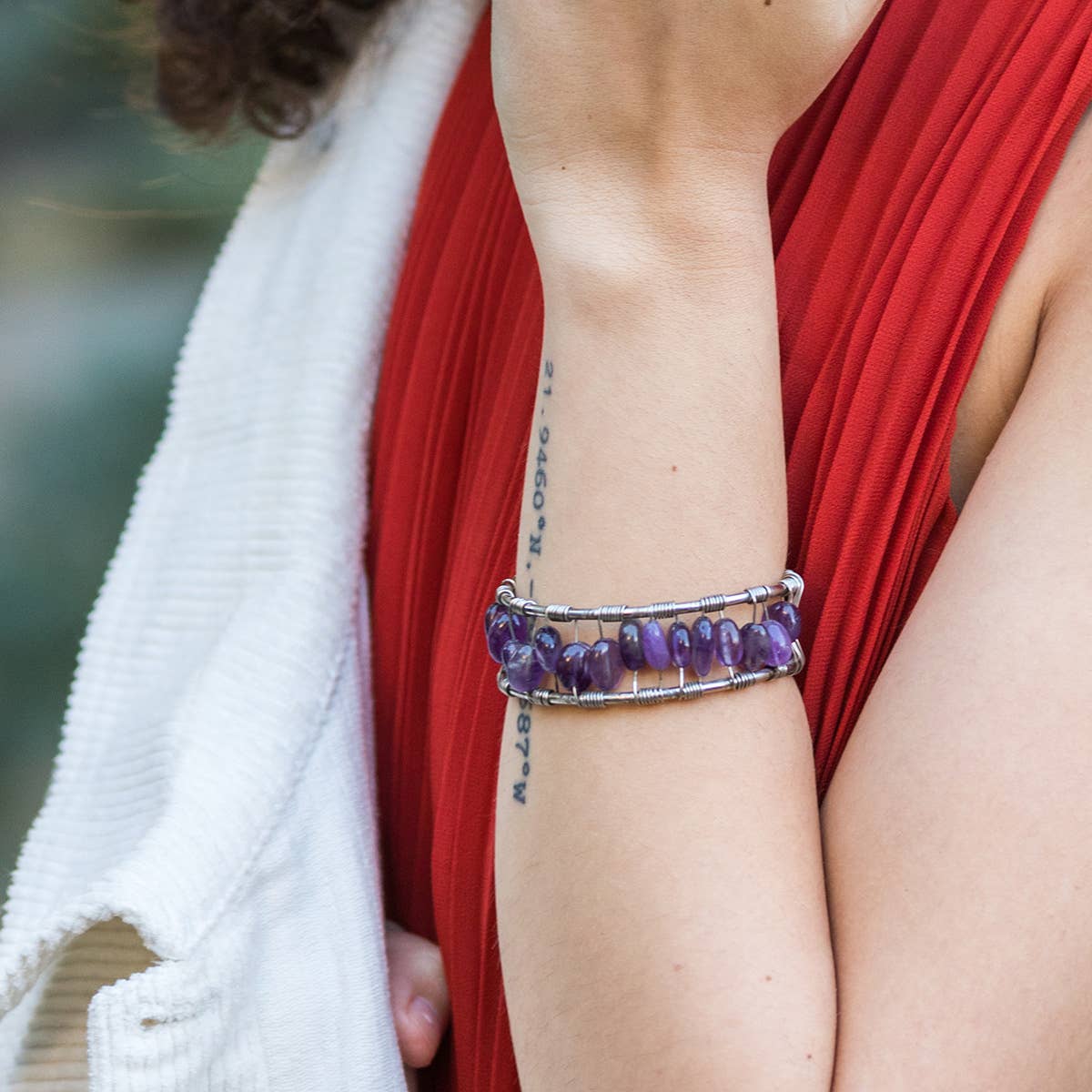 Wire-Wrapped Stone Cuff - Antique Silver with Amethyst