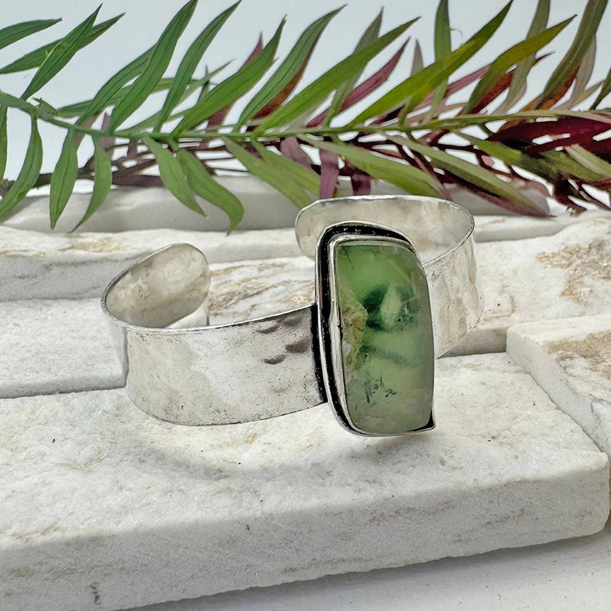 Handcrafted Kashi Semiprecious Stone Cuff - Prehnite
