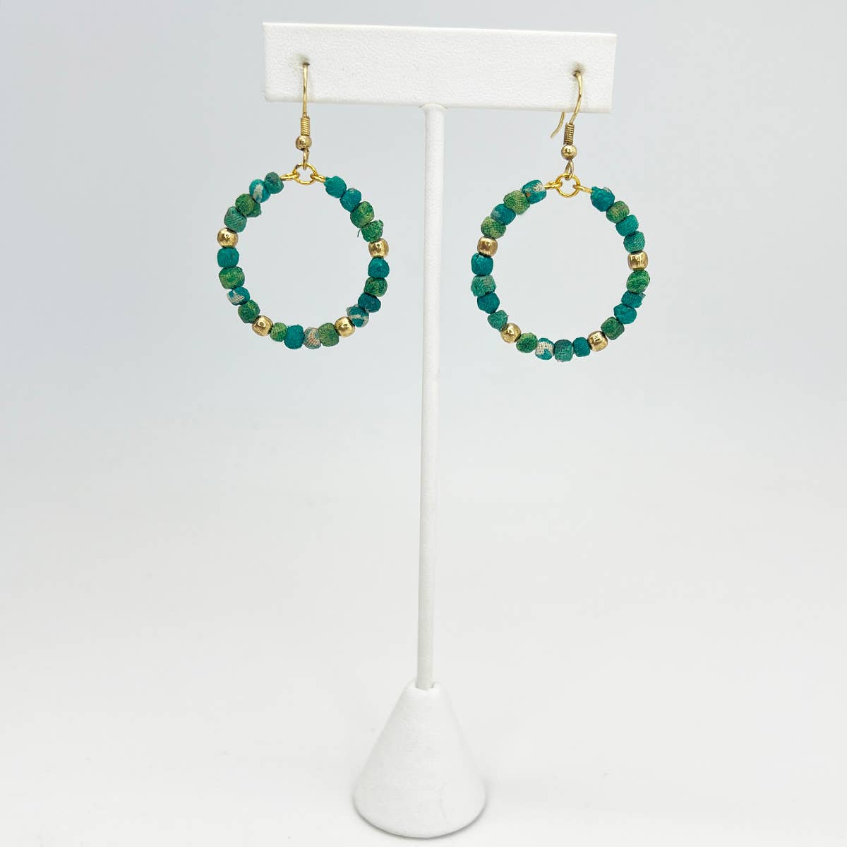 Aasha Seagrass Small Bead Hoop Kantha Handcrafted Earrings