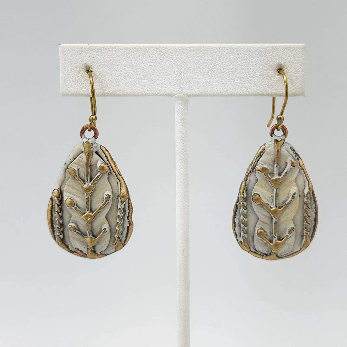 Handcrafted Antique White Dotted Leaf Brass Patina Earrings