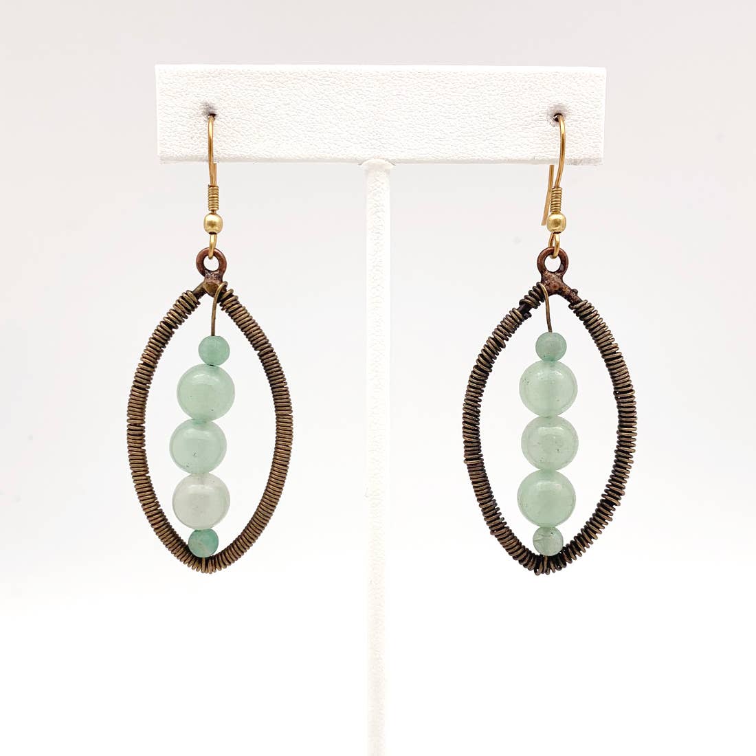 Wire-Wrapped Stone Earrings - Antique Brass, Aventurine
