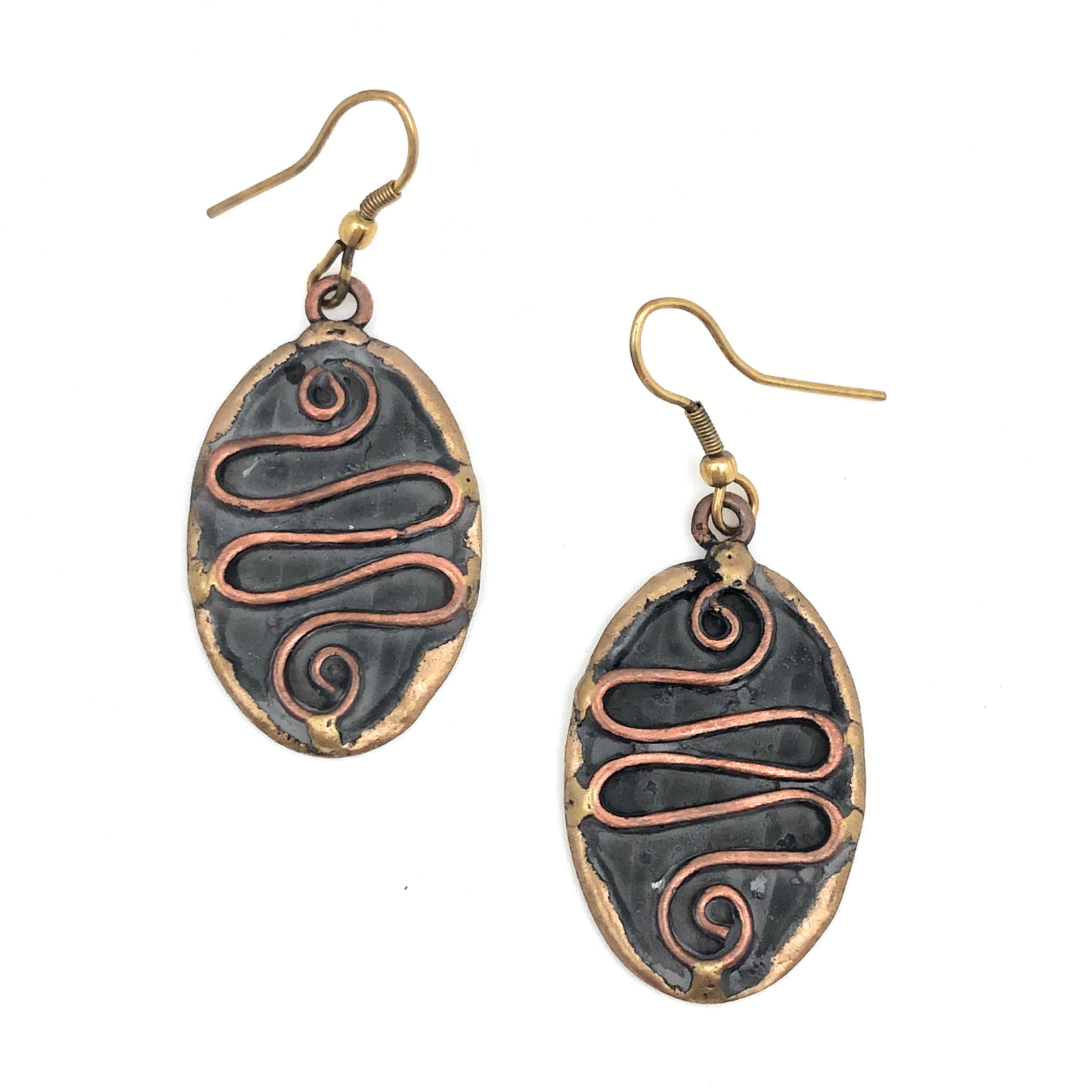Brass Patina Earrings - Blue with Wavy Line