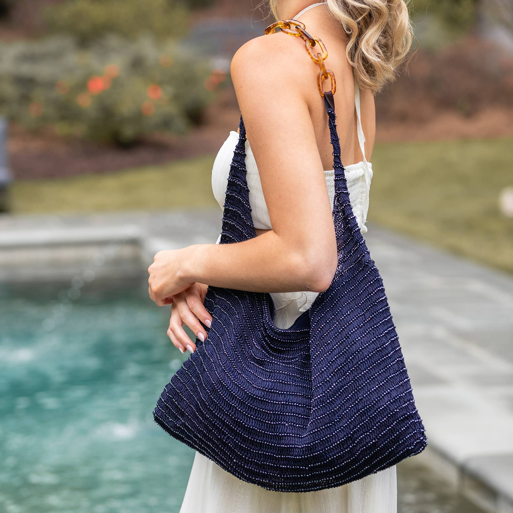 Cora Beaded Cotton Sling Bag with Chain Strap