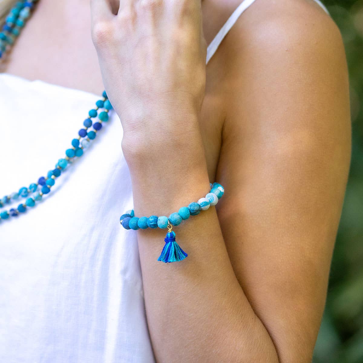 Aasha Aqua Stackable Tassel Kantha Handcrafted Bracelet