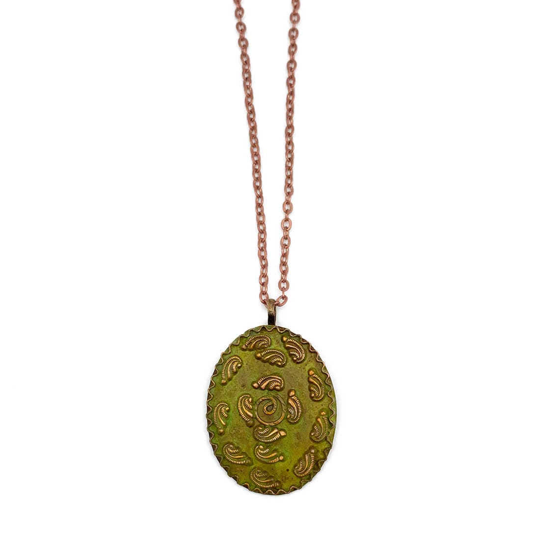 Copper Patina Necklace - Green Ornate Shapes Oval Pendant