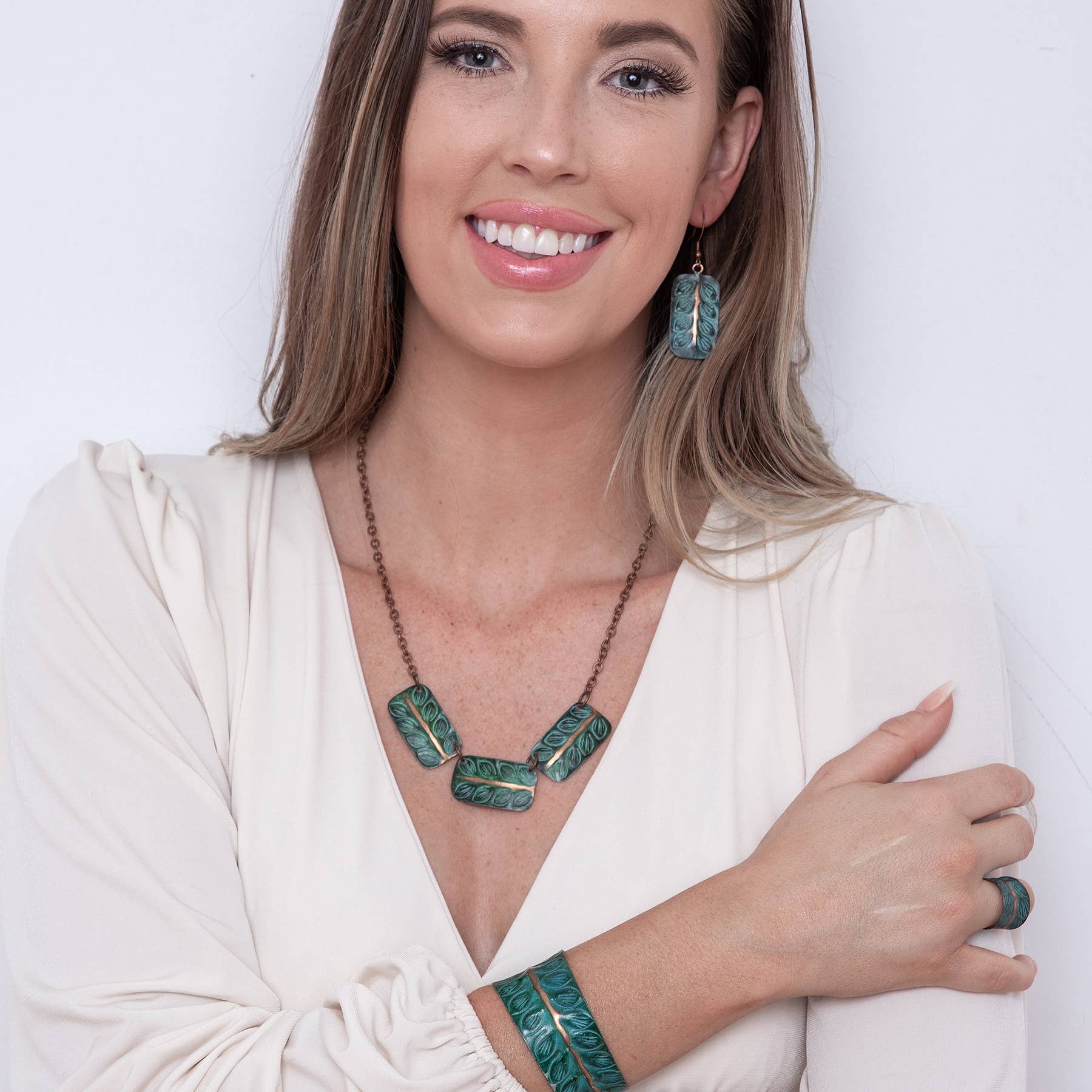 Copper Patina Necklace - Rows of Leaves