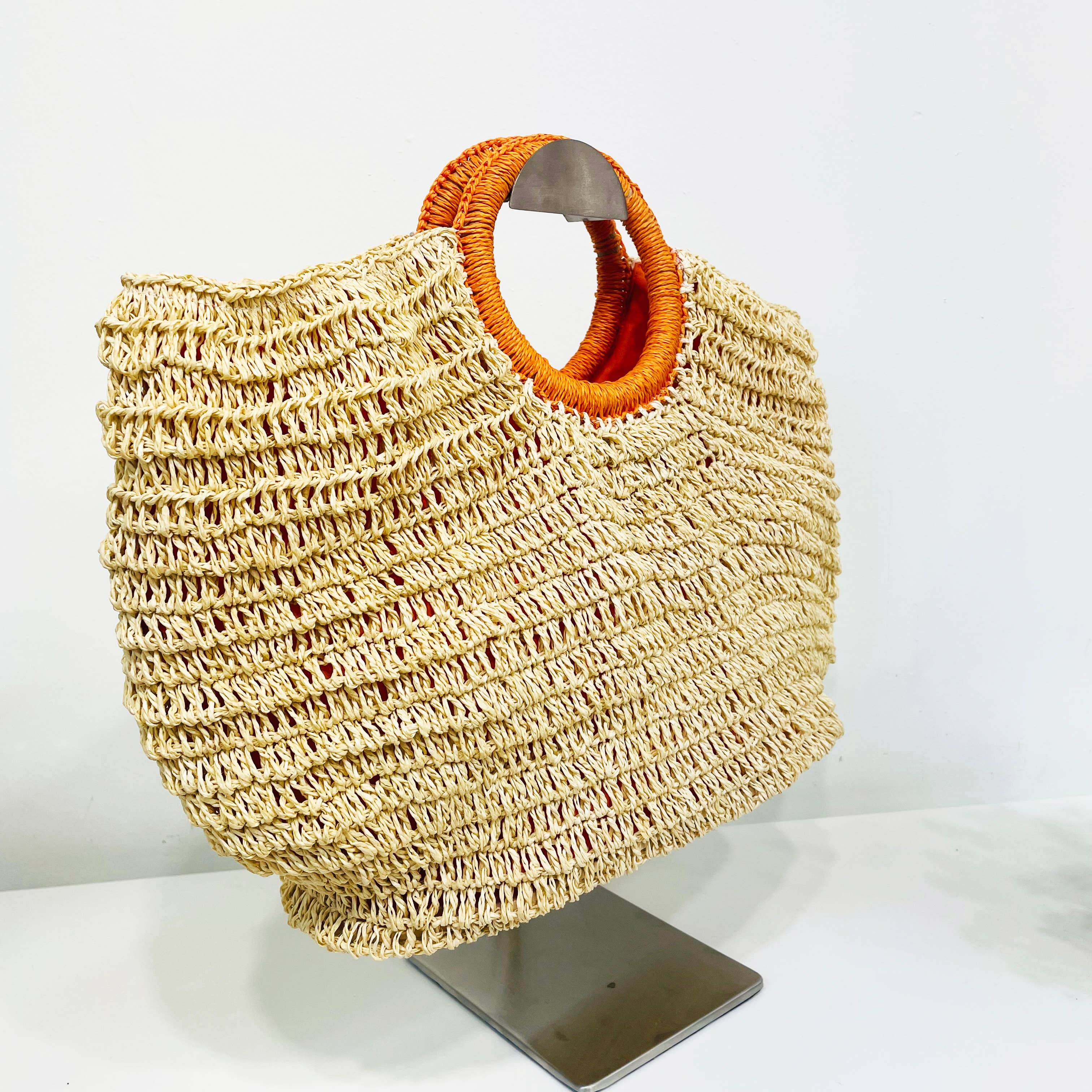 Cali Basket Raffia Bag with Colorful Wrapped Wooden Handle