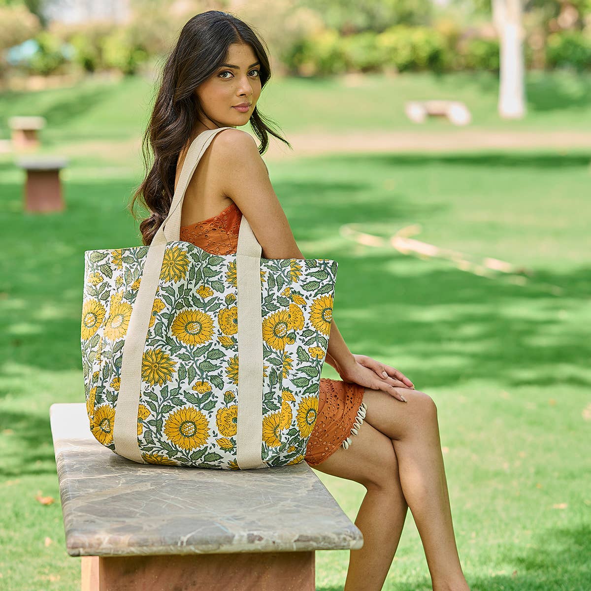 Handcrafted Canvas Bag with Block-Printed  Radiant Sunflower