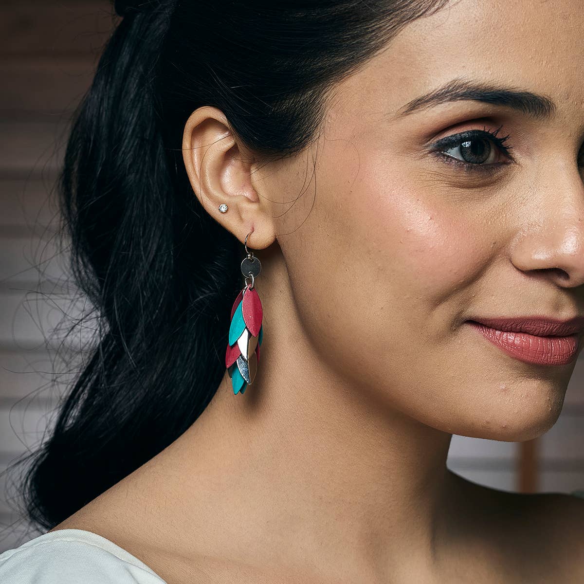 Handcrafted Fuchsia & Teal Patina Leaf Dangle Earrings