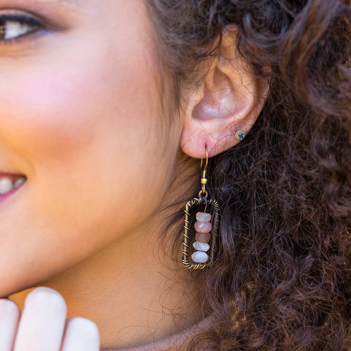 Wire-Wrapped Stone Earrings - Antique Brass, Quartz