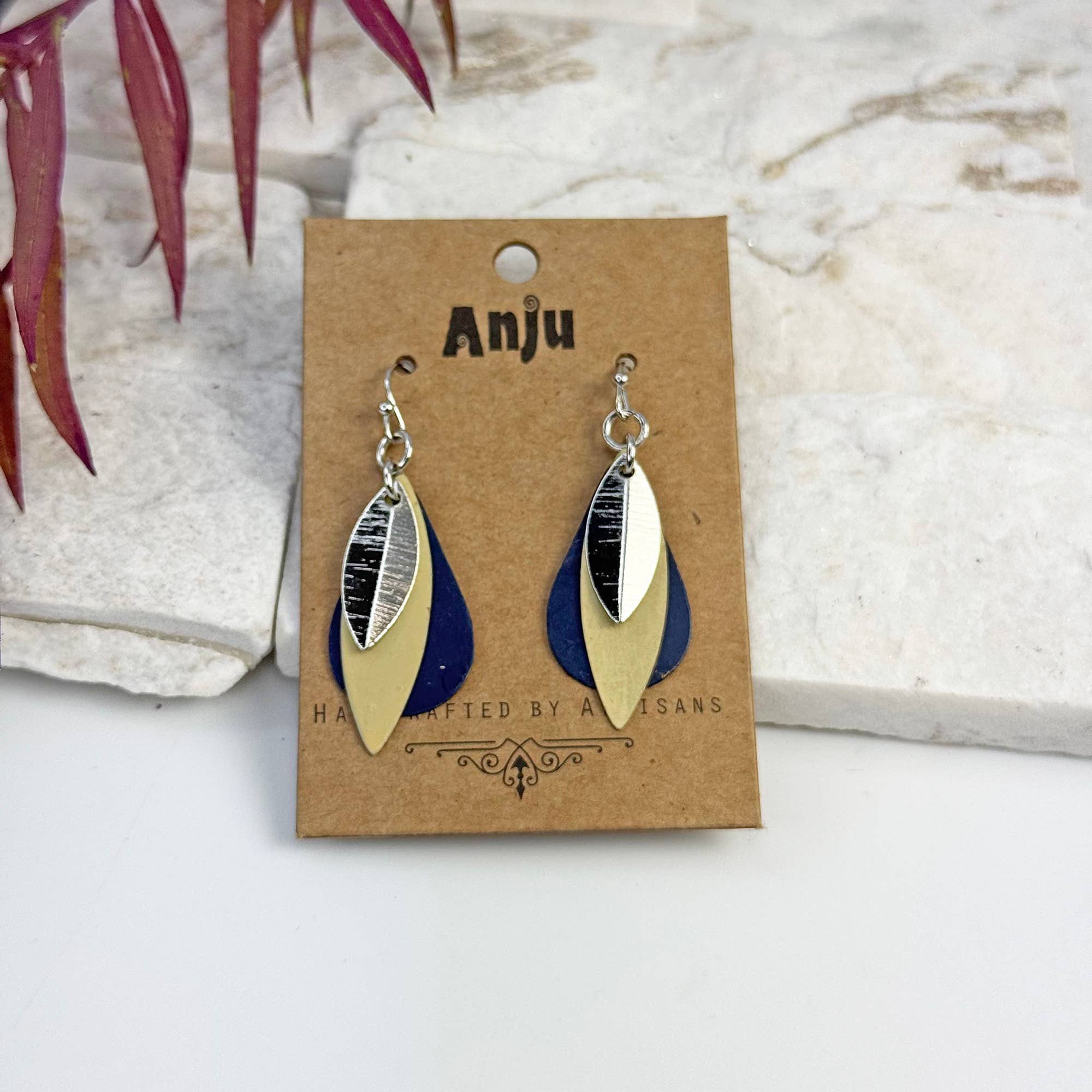 Handcrafted Blue & Tan Patina Layered Leaf Earrings