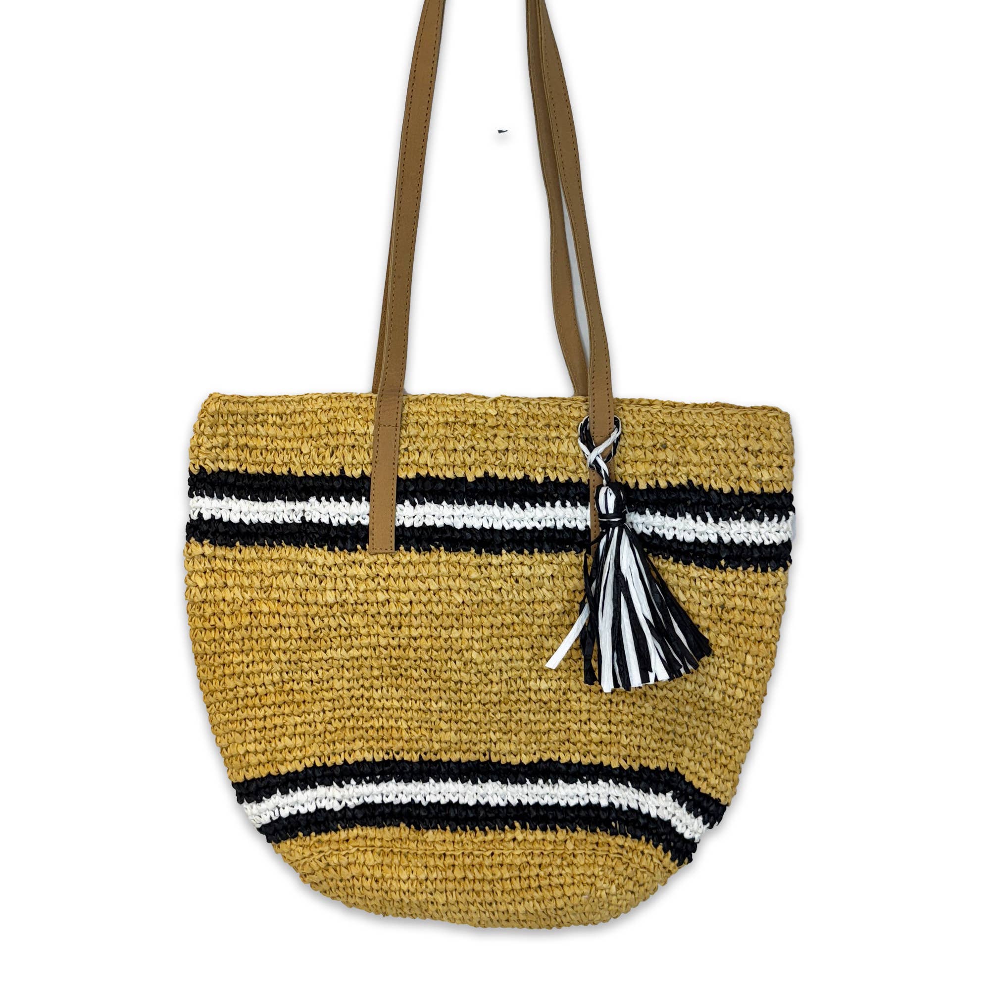Tahiti Bag - Black and White Stripes Raffia Bag with Tassel
