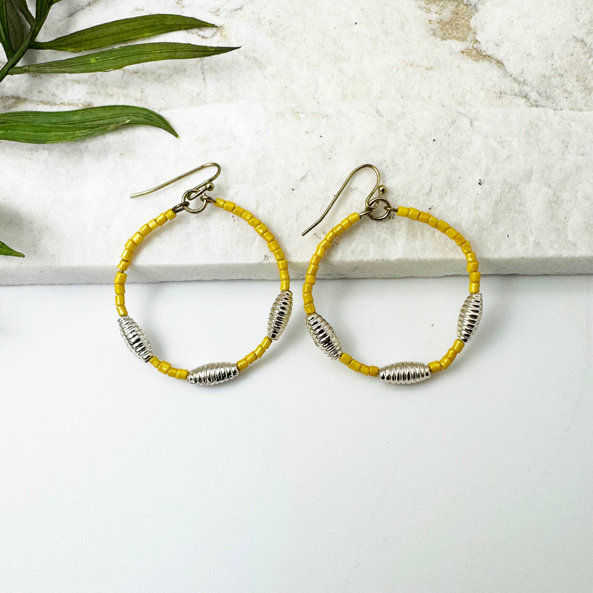 Seed Bead Hoop Earrings - Yellow