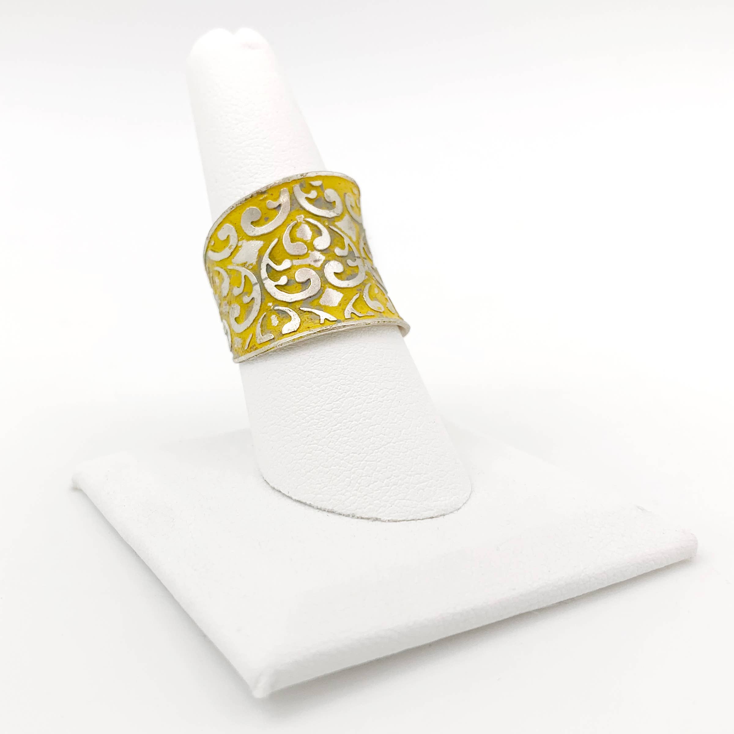 Silver Patina Ring - Yellow Ornate Print