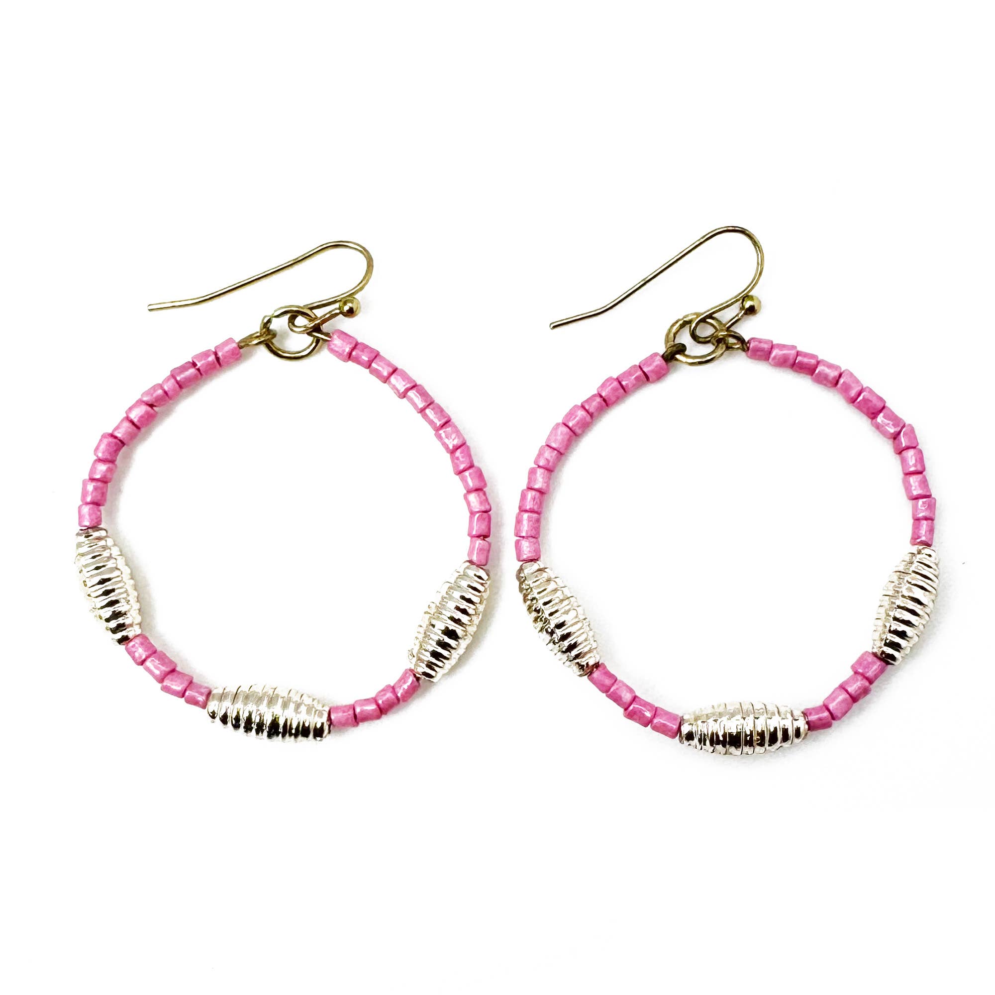 Seed Bead Hoop Earrings - Pink