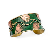 Brass Patina Cuff Bracelet - Green Leaves & Vines
