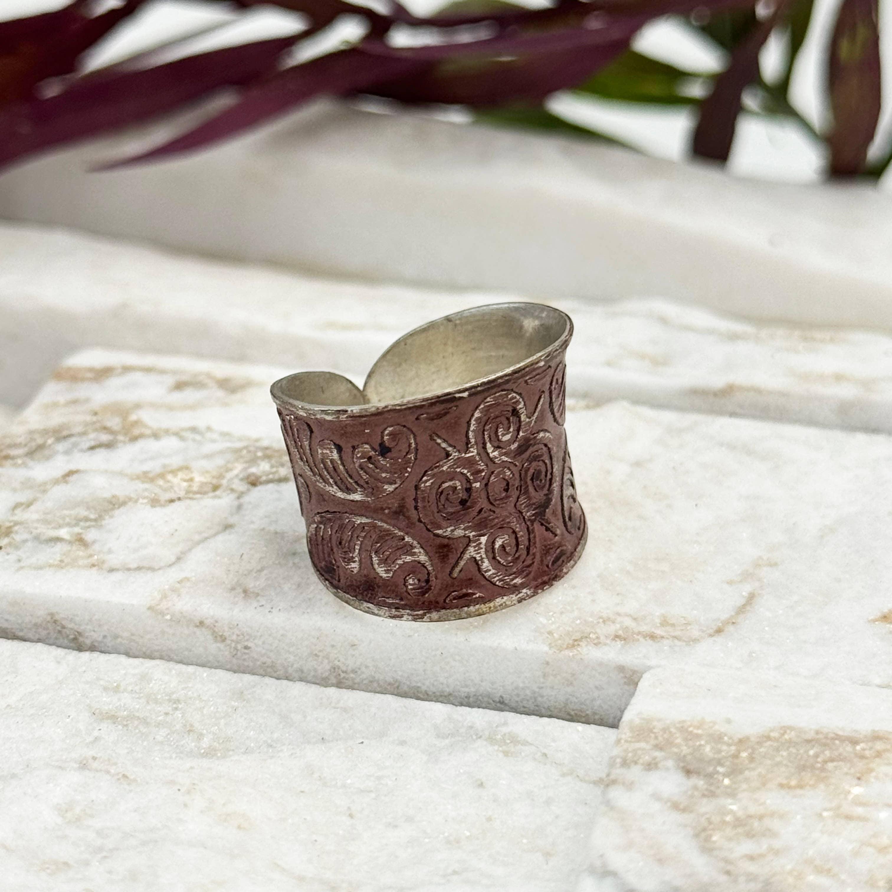 Handcrafted Silver Patina Burgundy Floral Ring