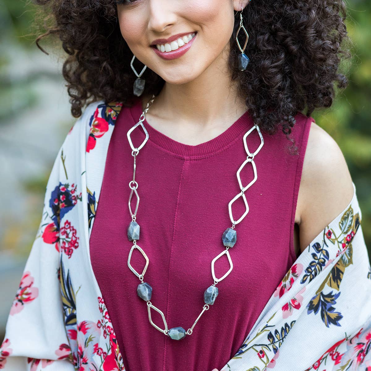 Silver-Plated Long Necklace With Labradorite Stones