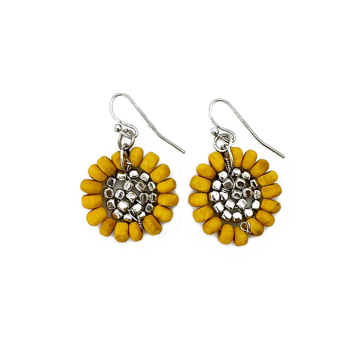 Sachi Wood Bead Flower Earrings - Yellow