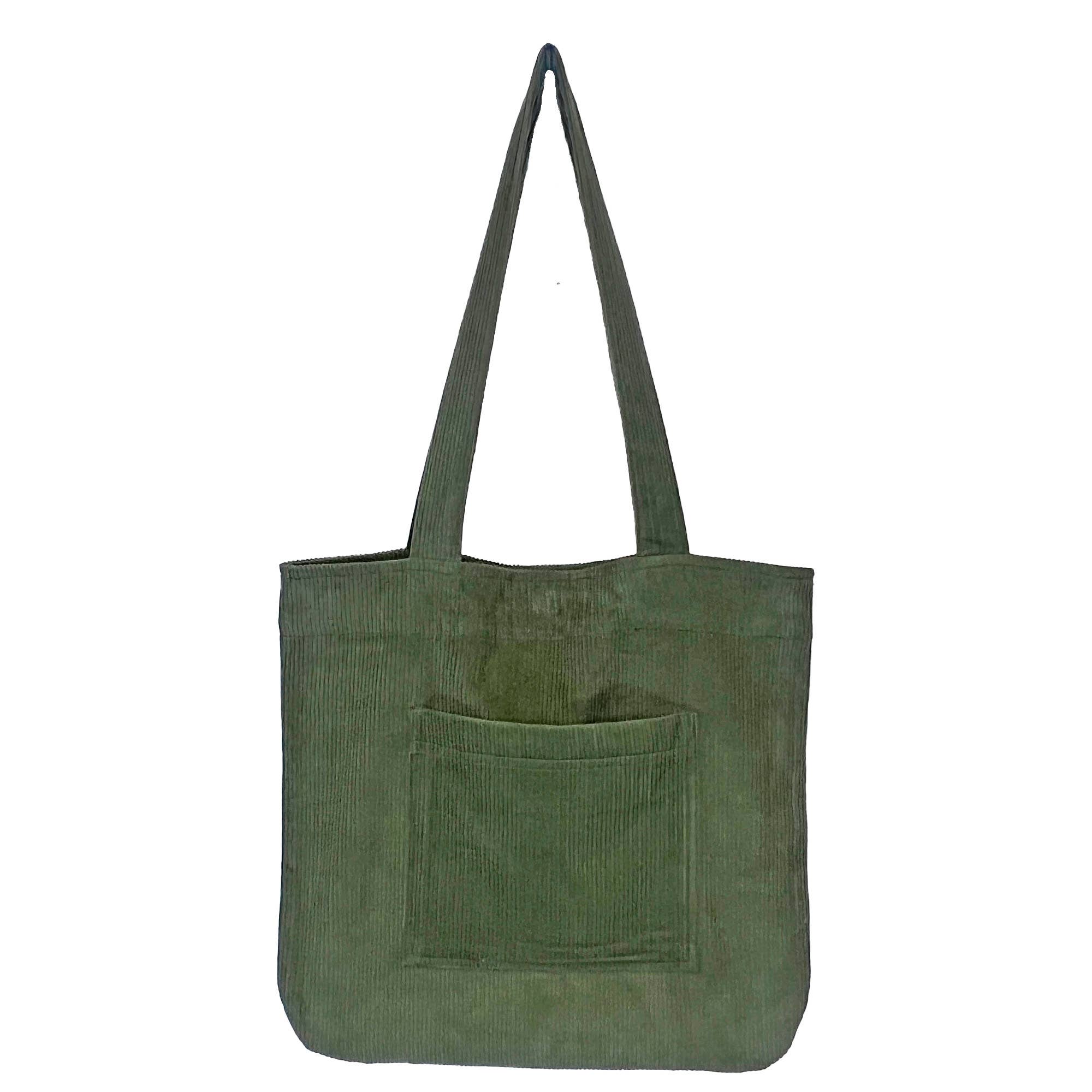 Corduroy Tote Bag with Front Pocket - Multiple Color Styles