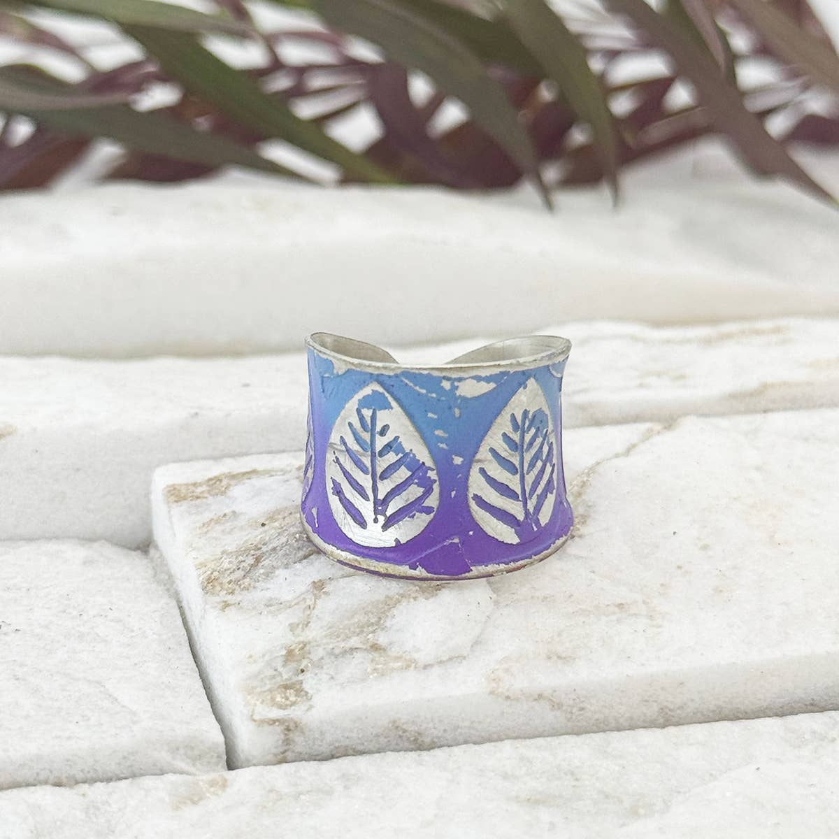 Handcrafted Purple & Blue Leaf Patina Ring