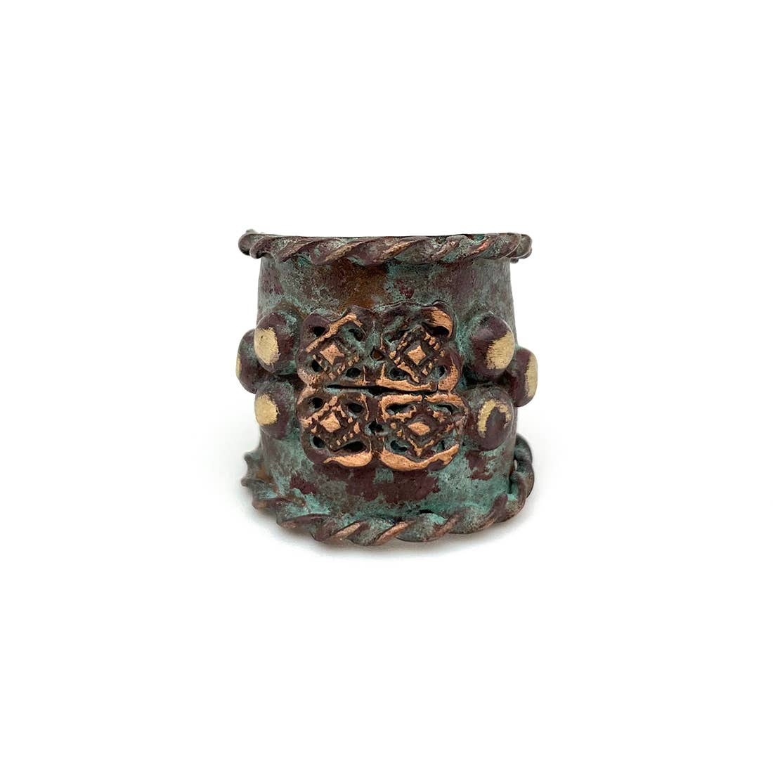 Copper Patina Ring - Teal with Filigree and Rivets