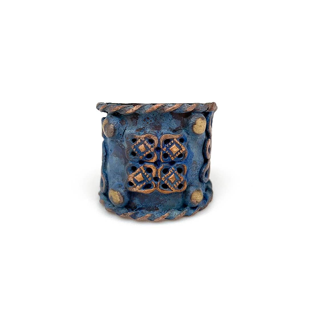 Copper Patina Ring - Blue With Filigree Square