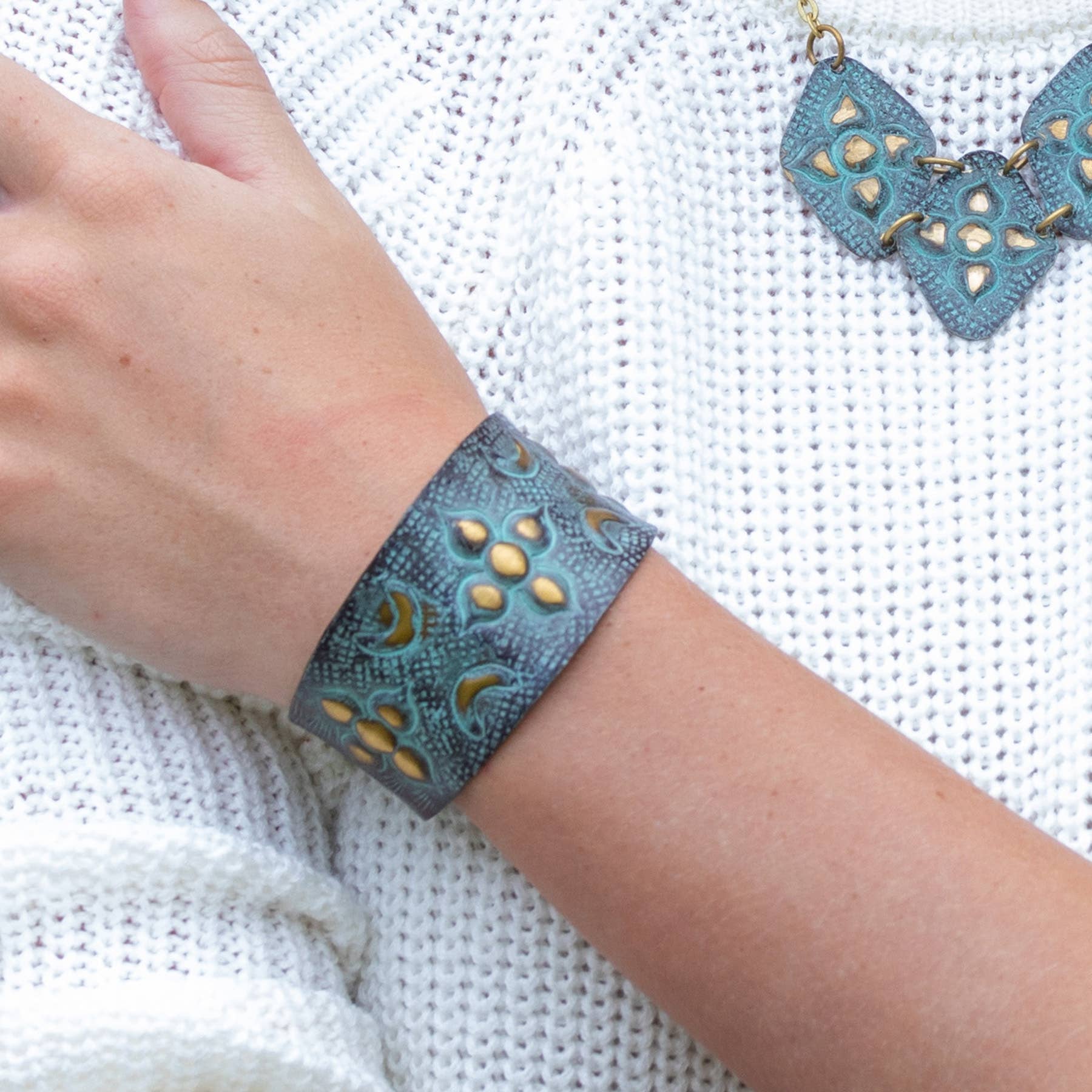 Brass Patina Bracelet - Aqua and Brown Arabic Flower