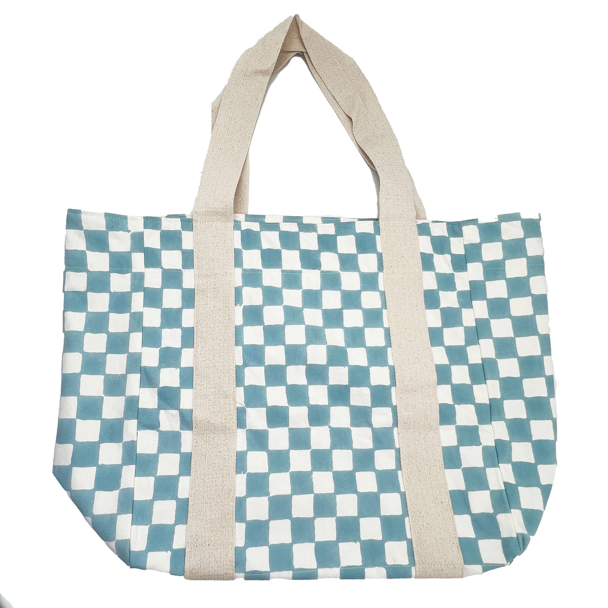 Handcrafted Canvas Bag with Block-Printed Ocean Checks