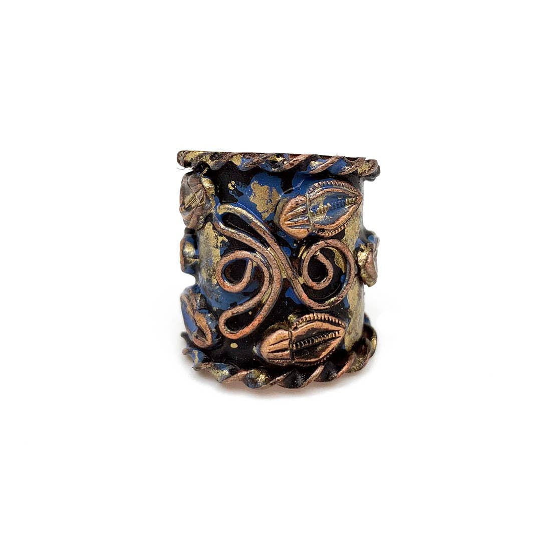 Copper Patina Ring - Blue with Gold Wavy Lines and Shapes