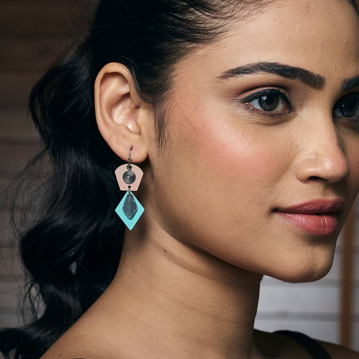 Handcrafted Tan & Teal Patina Two Tier Geometric Earrings