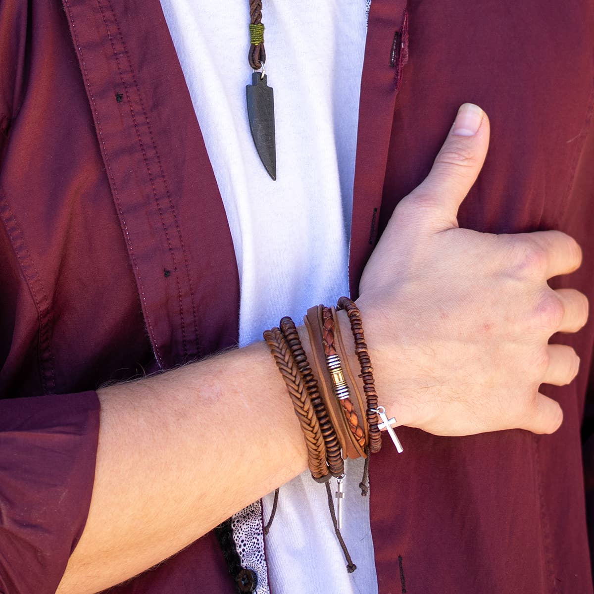 Aadi Brown Leather and Beads Silver Cross Men's Bracelet Set
