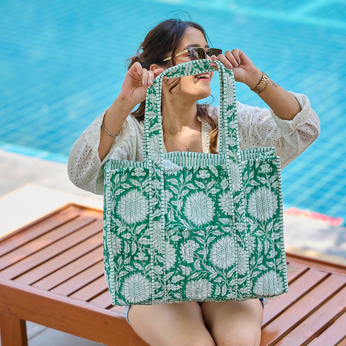 Quilted Block-Printed Tote Bag with Travel Pouch