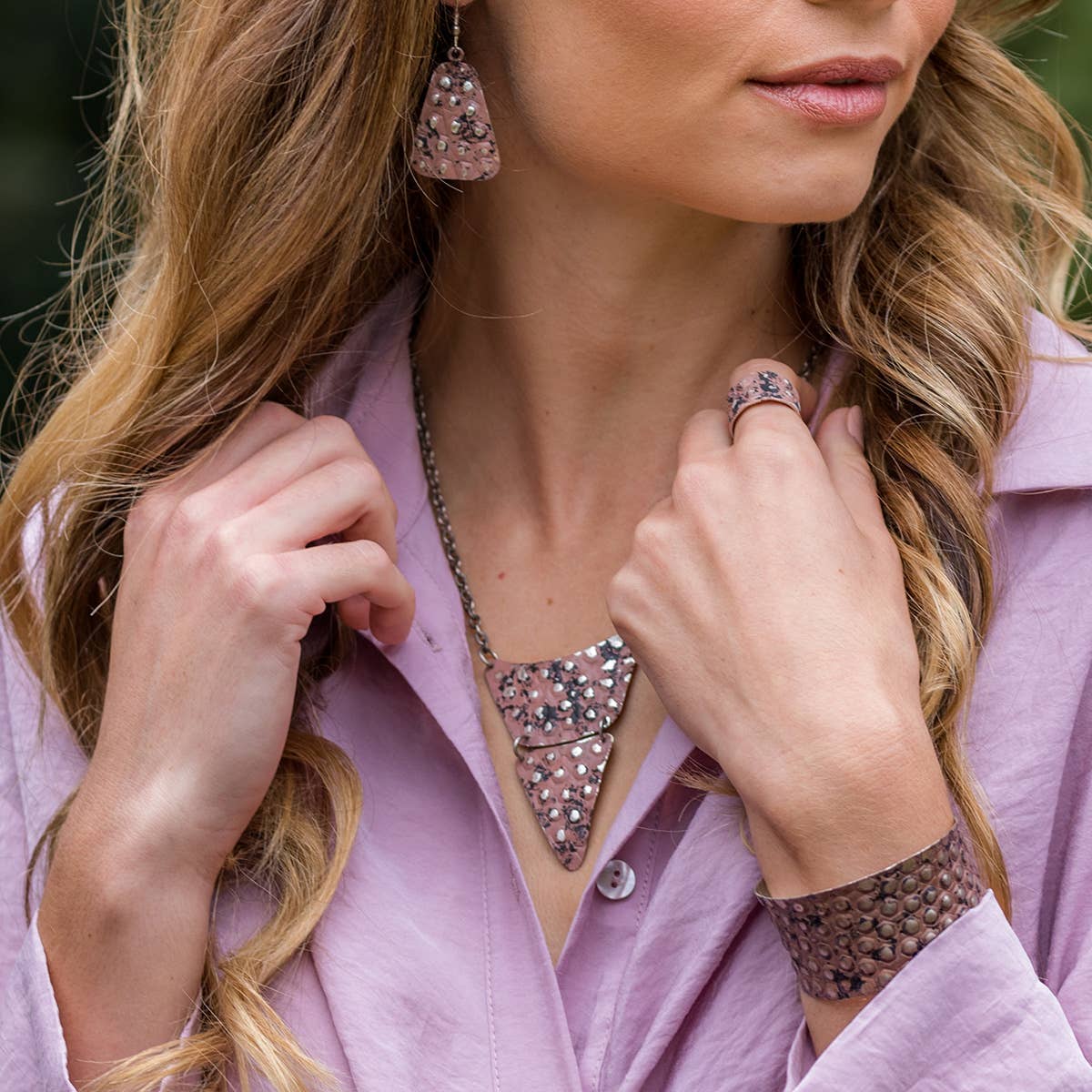 Silver Patina Necklace - Dusty Rose Pieced Triangle